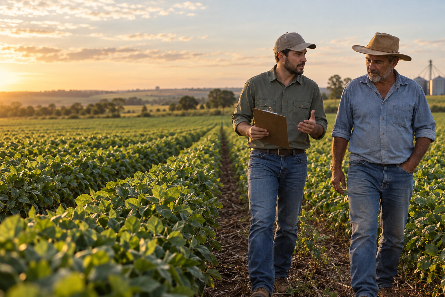 Produtor e técnico agronômico conversando ao lado da lavoura